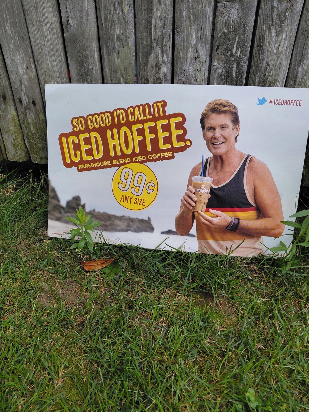 2012 David Hasslehoff Iced Hoffee acrylic coffee advertisment sign 14.5" X 23"